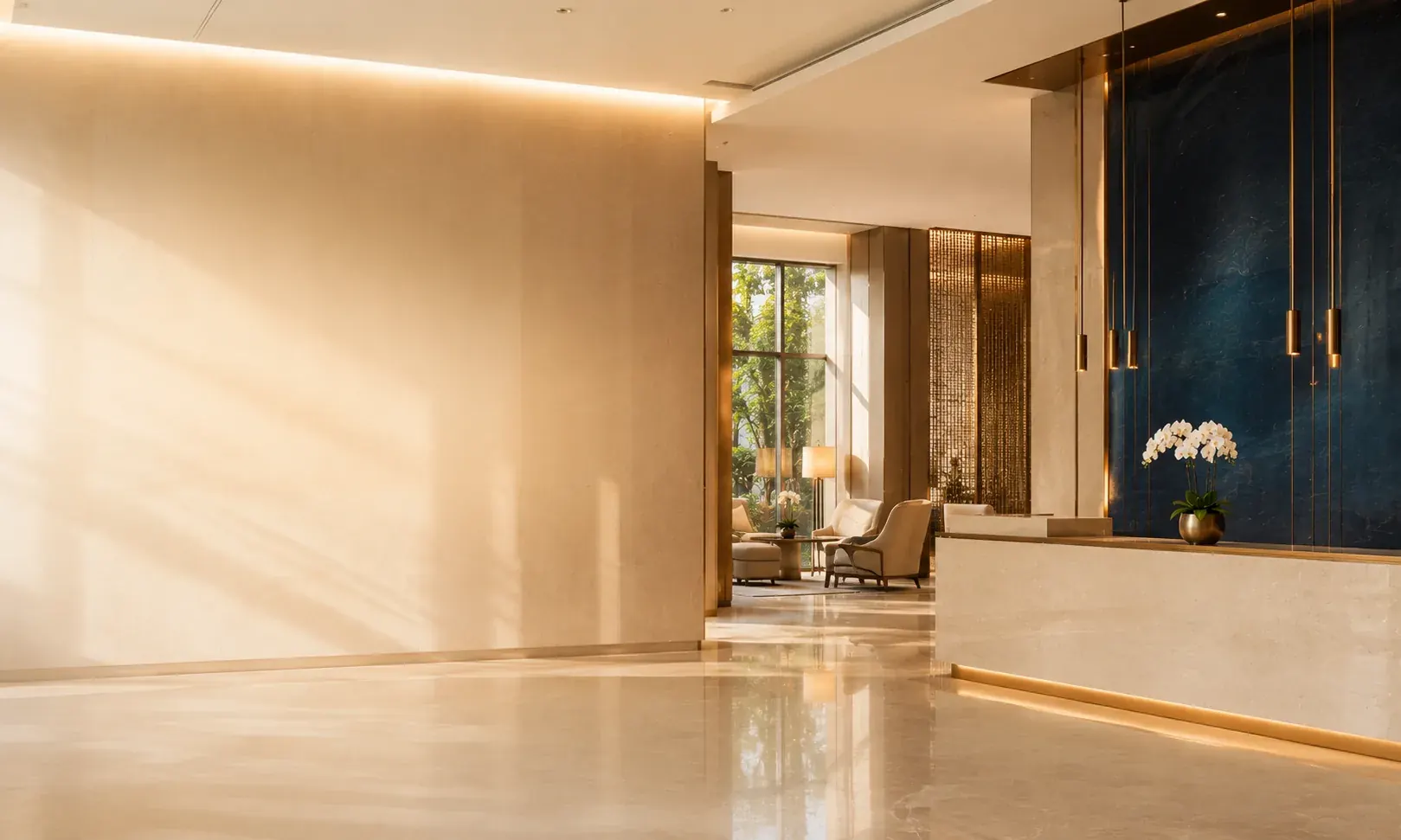 Aurelia premium lobby with ivory navy and bronze interiors