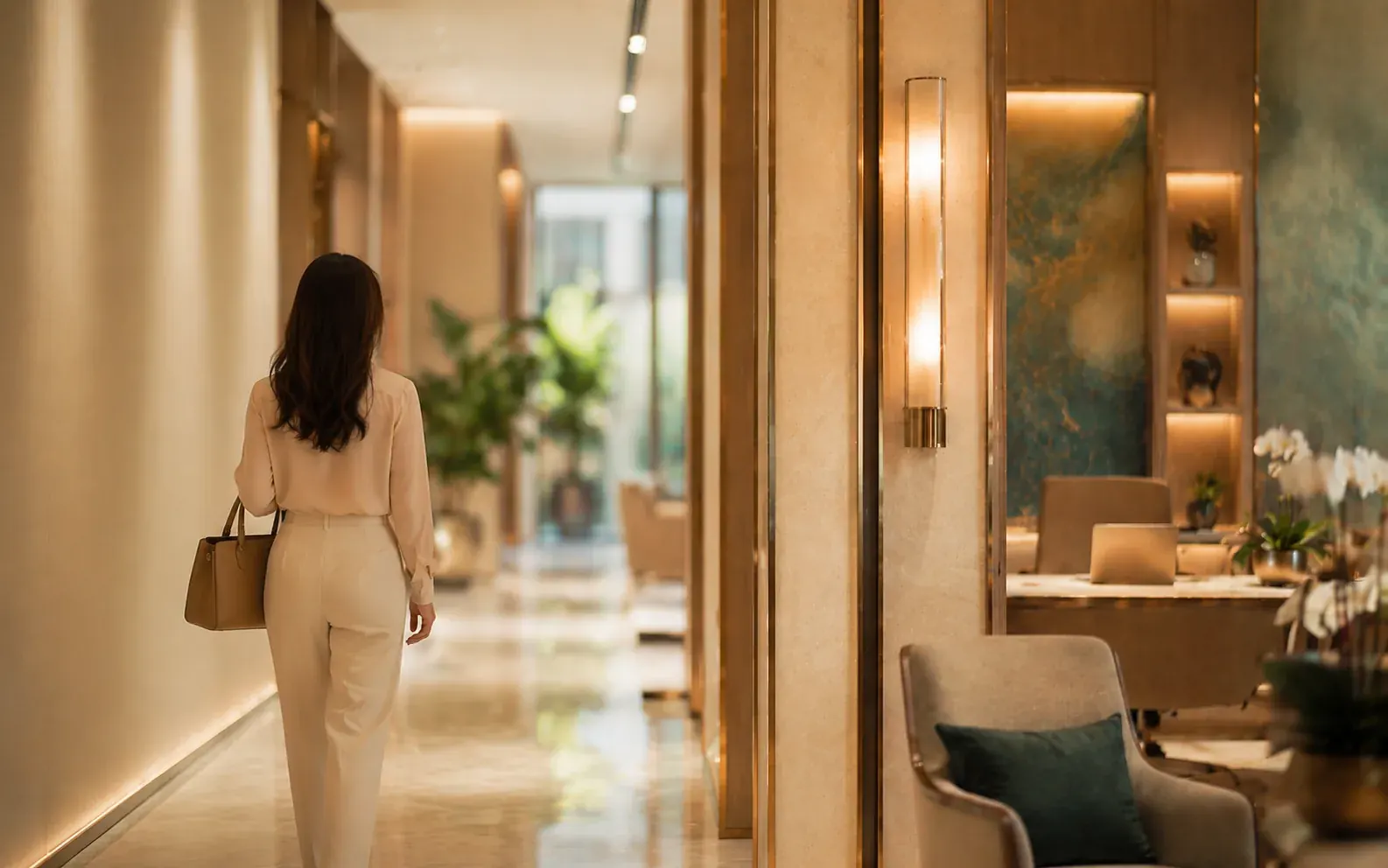 Patient walking through Aurelia corridor toward consultation